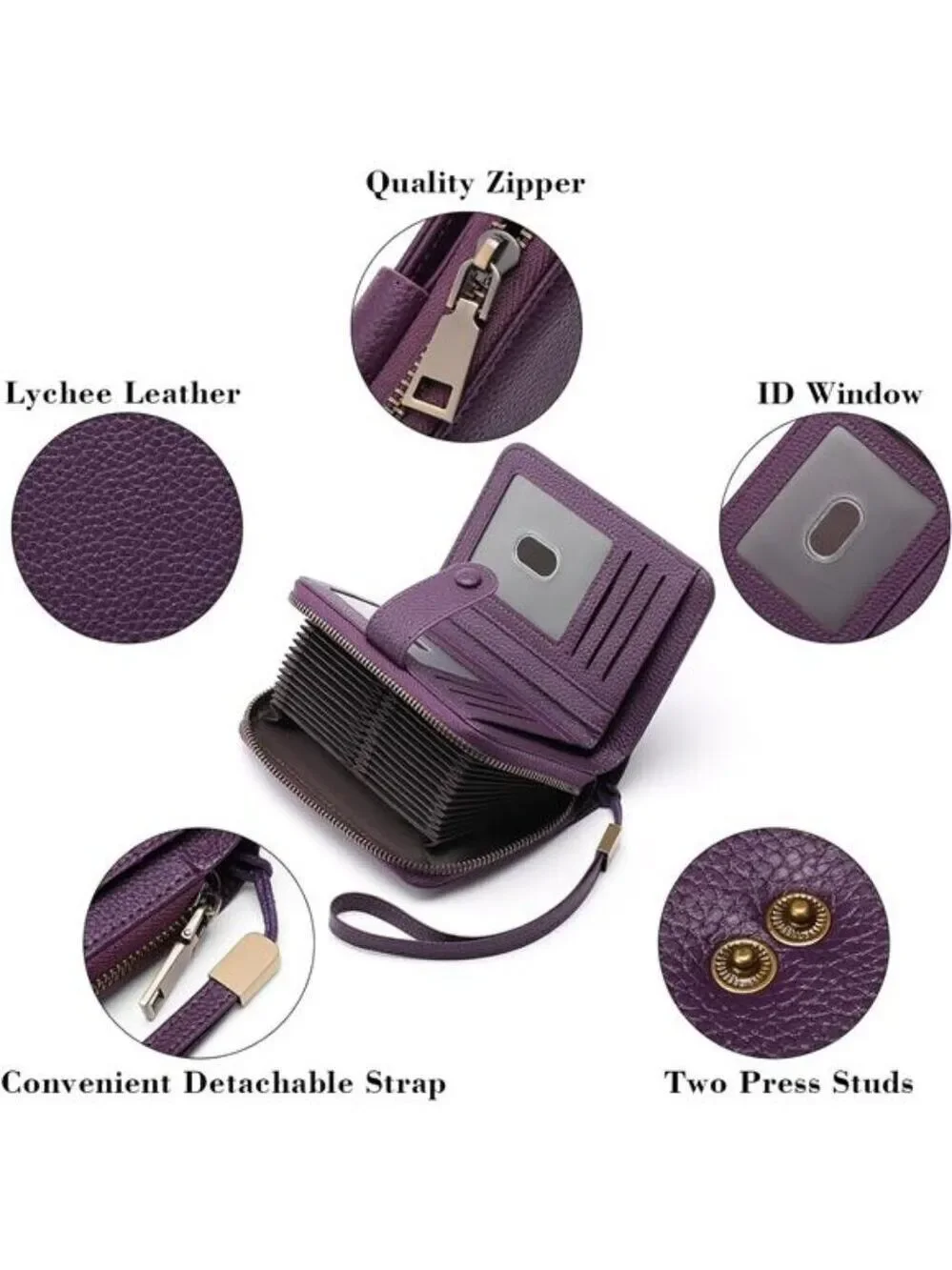 RFID Leather Wallet for Women Large Capacity Card Holder Zipper Bifold Wristlet